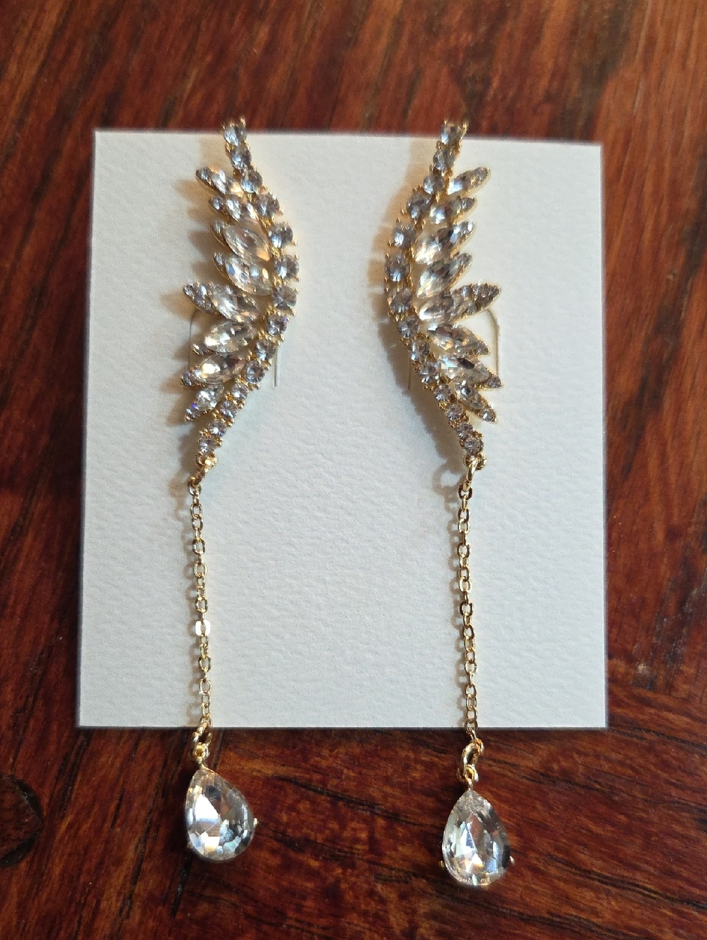 Gold Crystal Wing Drop Earrings - Clear Crystal